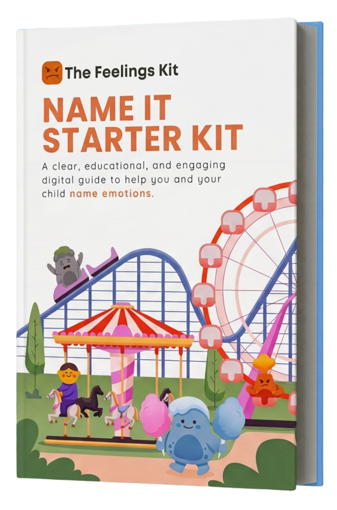 Pages from the Name It Starter Kit: the cover, a feelings wheel and a page from the guide