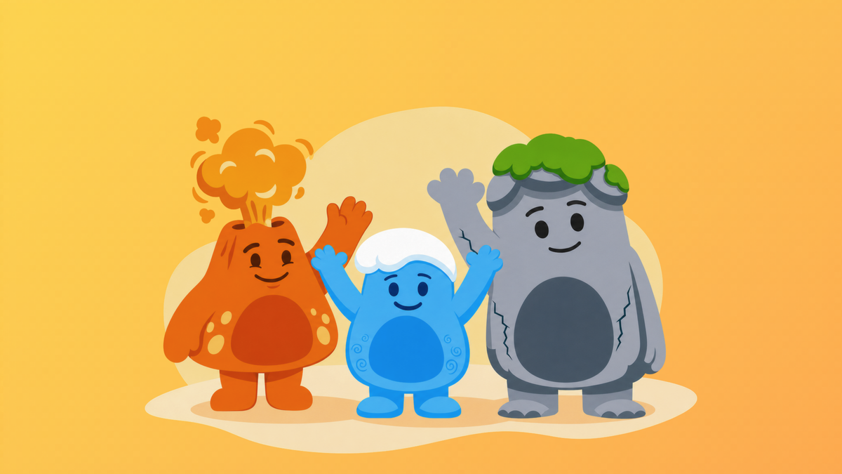 The three cartoon characters with different appearances on a yellow background